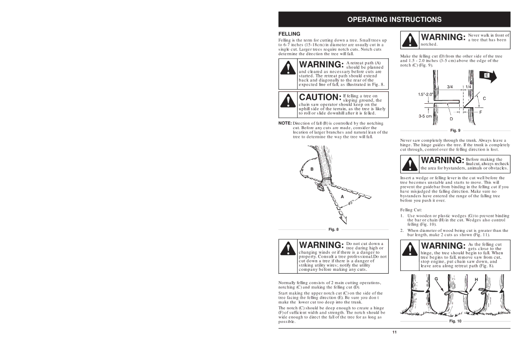 MTD 1425NAV, 1842AVCC, 1642AVCC manual Operating Instructions, Felling 