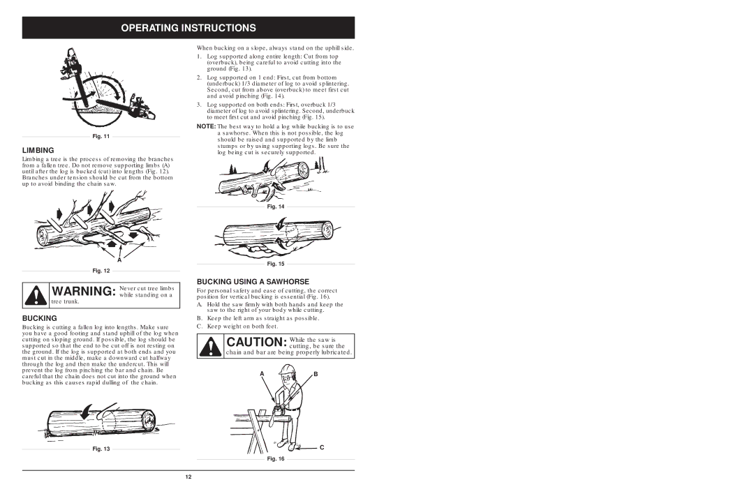 MTD 1842AVCC, 1642AVCC, 1425NAV manual Limbing, Bucking Using a Sawhorse 