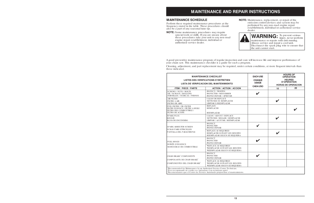 MTD 1642AVCC, 1842AVCC, 1425NAV manual Maintenance and Repair Instructions, Maintenance Schedule 