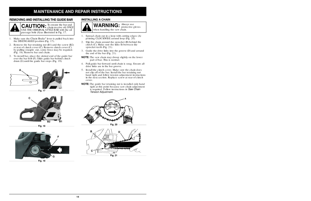 MTD 1425NAV, 1842AVCC, 1642AVCC manual Removing and Installing the Guide BAR, Installing a Chain 