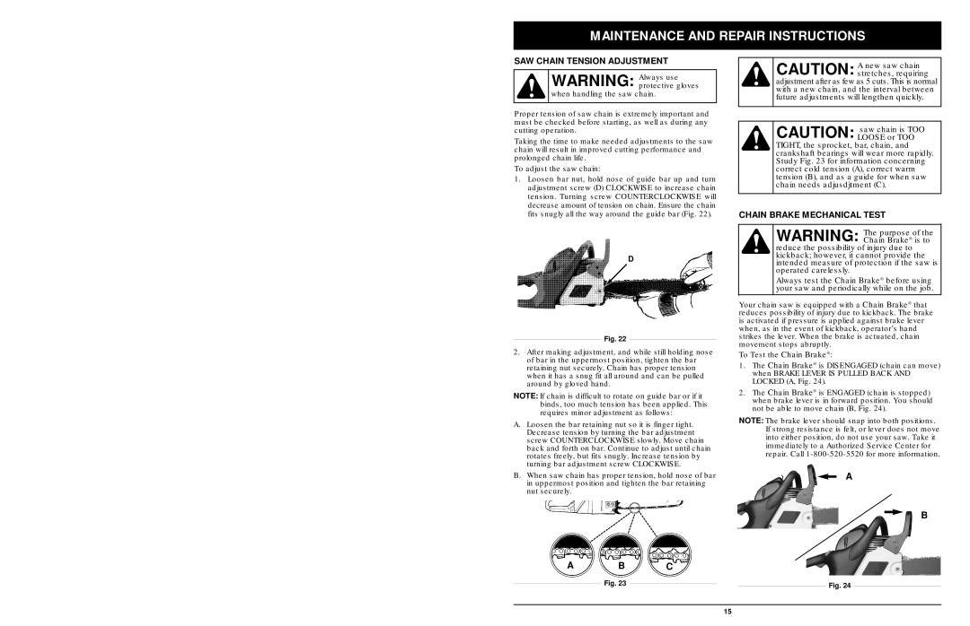 MTD 1842AVCC, 1642AVCC, 1425NAV manual SAW Chain Tension Adjustment, Chain Brake Mechanical Test 