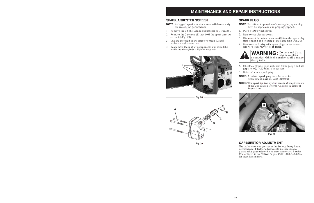 MTD 1425NAV, 1842AVCC, 1642AVCC manual Spark Arrester Screen, Spark Plug, Carburetor Adjustment 