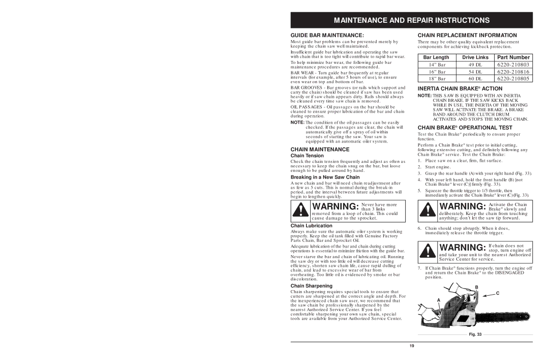 MTD 1642AVCC Chain Maintenance, Chain Replacement Information, Inertia Chain Brake Action Chain Brake Operational Test 