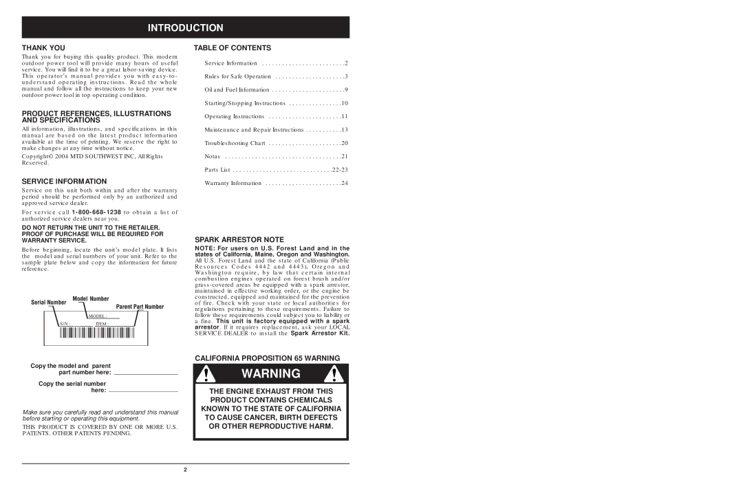 MTD 1425NAV, 1842AVCC, 1642AVCC manual Introduction 