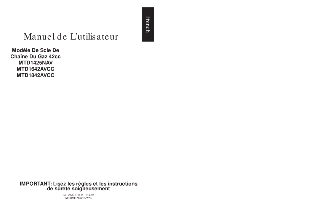 MTD 1425NAV, 1842AVCC, 1642AVCC manual Manuel de L’utilisateur, Modèle De Scie De Chaîne Du Gaz 42cc 