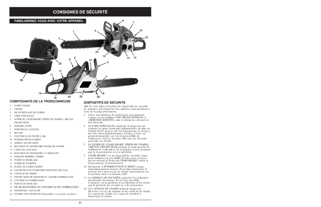 MTD 1425NAV, 1842AVCC, 1642AVCC manual Composants DE LA Tronçonneuse, Dispositifs DE Securite 