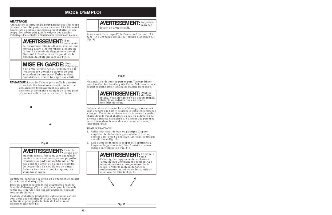 MTD 1842AVCC, 1642AVCC, 1425NAV manual Avertissement Eviter la, Avertissement Avant la, Mode Demploi, Abattage 