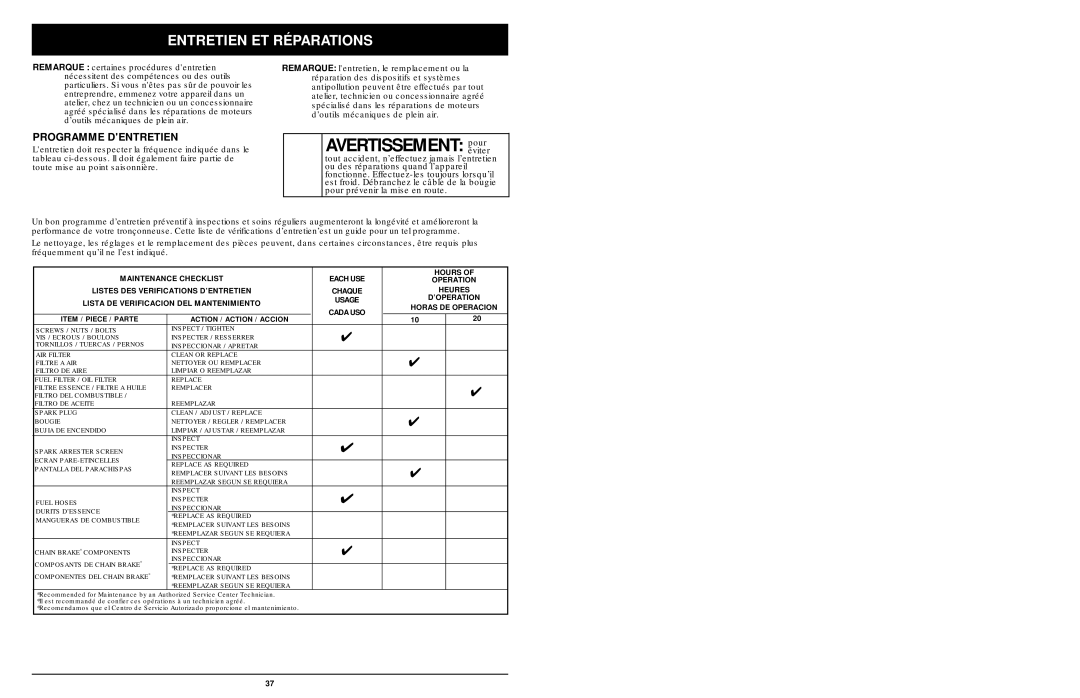 MTD 1425NAV, 1842AVCC, 1642AVCC manual Avertissement pouréviter, Entretien ET Réparations, Programme Dentretien 