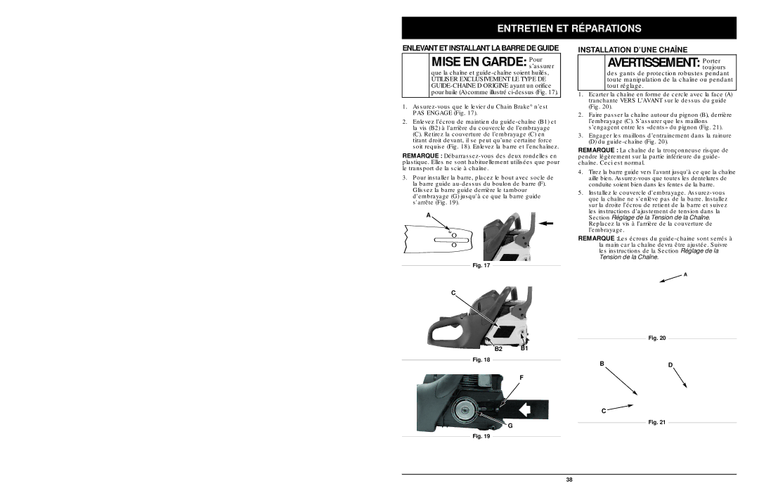 MTD 1842AVCC, 1642AVCC, 1425NAV manual Installation D’UNE Chaîne, Enlevant ET Installant LA Barre DE Guide 