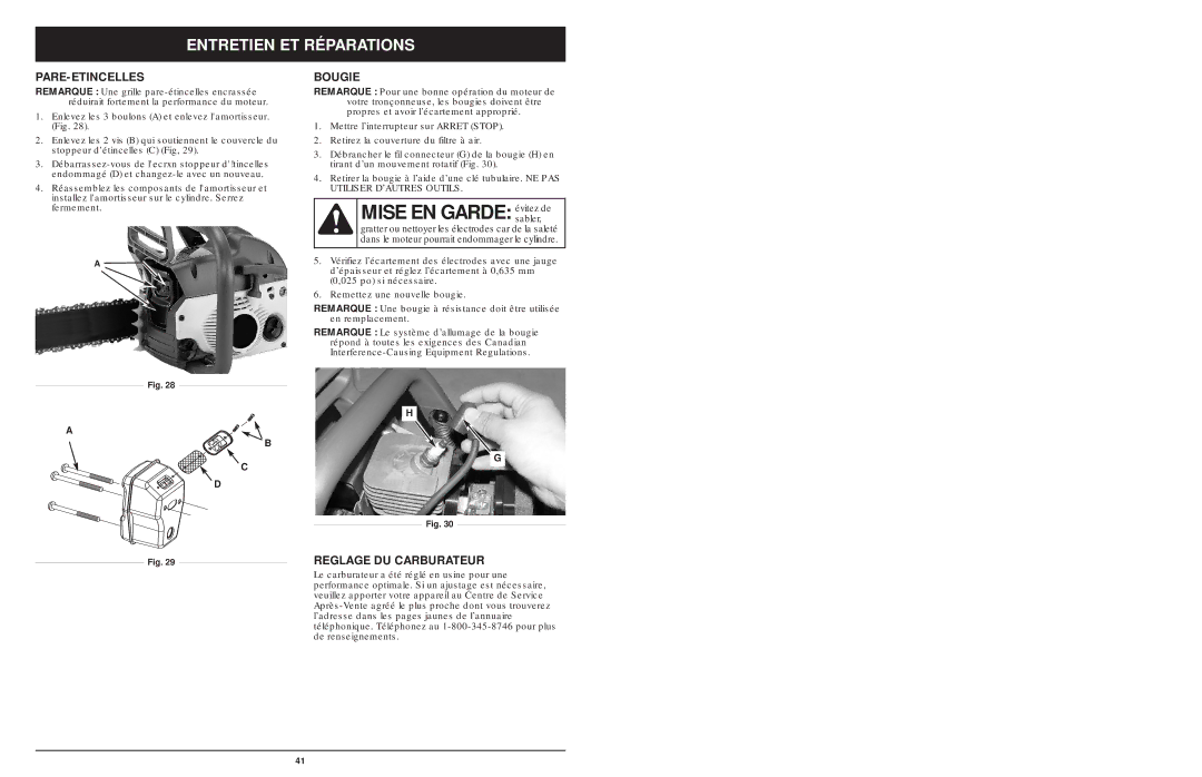 MTD 1842AVCC, 1642AVCC, 1425NAV manual Mise EN Garde évitez de, Pare-Etincelles, Bougie, Reglage DU Carburateur 
