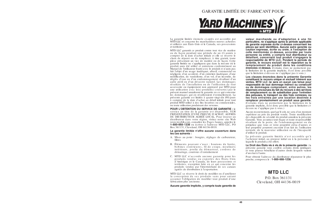 MTD 1642AVCC, 1842AVCC, 1425NAV manual Garantie Limitée DU Fabricant Pour 