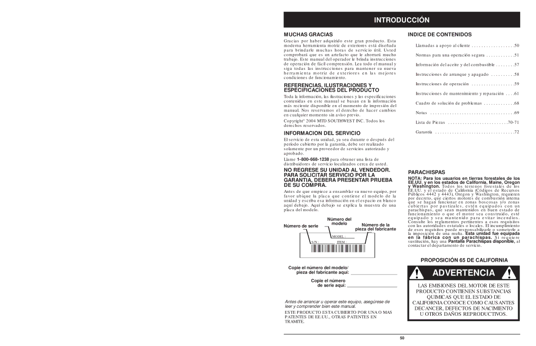 MTD 1842AVCC, 1642AVCC, 1425NAV manual Introducción 