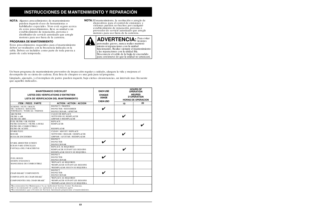 MTD 1425NAV, 1842AVCC, 1642AVCC manual Advertencia Para evitar, Instrucciones DE Mantenimiento Y Reparación 