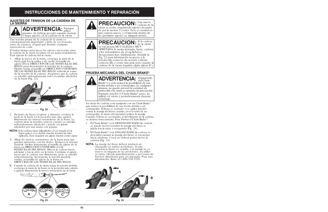 MTD 1642AVCC Precaucion Una nueva, Precaucion Si la cadena, Advertencia El propósito, Prueba Mecanica DEL Chain Brake 