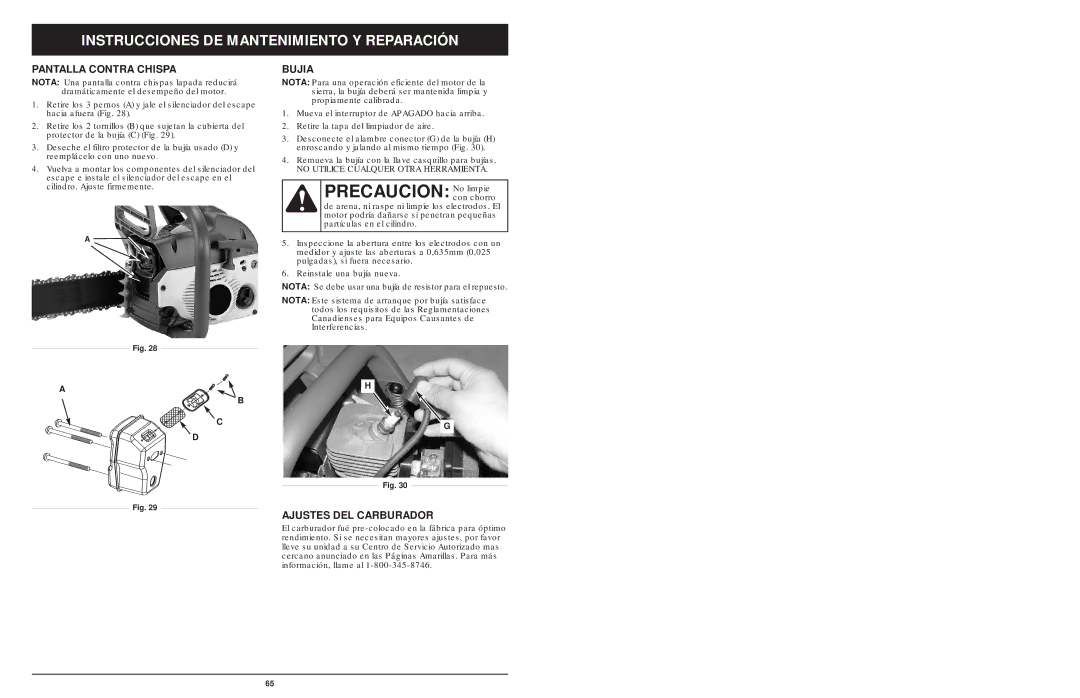 MTD 1842AVCC, 1642AVCC, 1425NAV manual Precaucion No limpie, Pantalla Contra Chispa, Bujia, Ajustes DEL Carburador 
