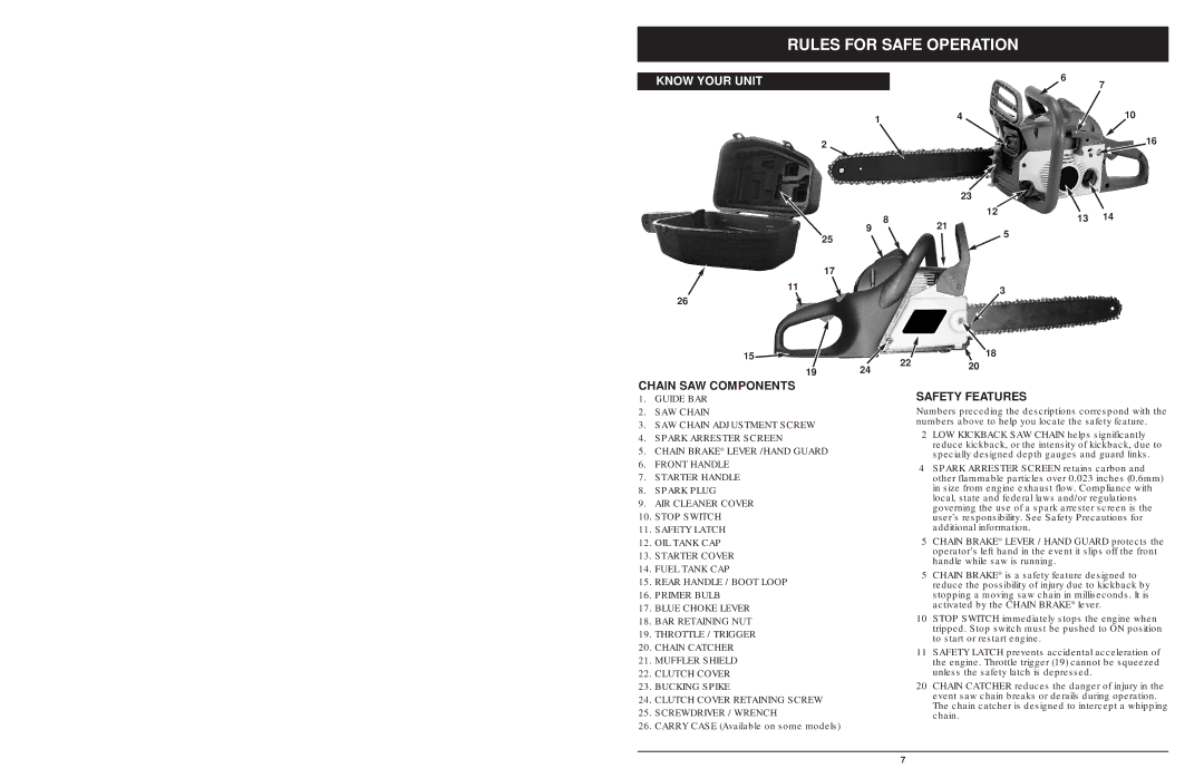 MTD 1642AVCC, 1842AVCC, 1425NAV manual Chain SAW Components, Safety Features 