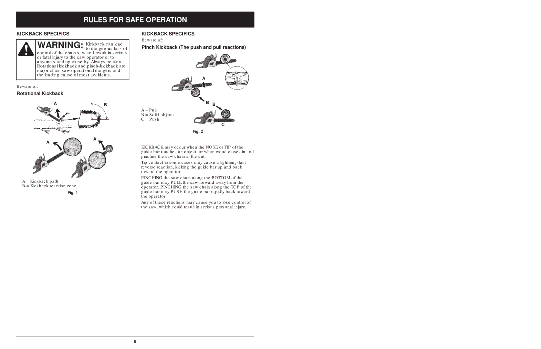 MTD 1425NAV, 1842AVCC, 1642AVCC manual Kickback Specifics, Rotational Kickback, Pinch Kickback The push and pull reactions 