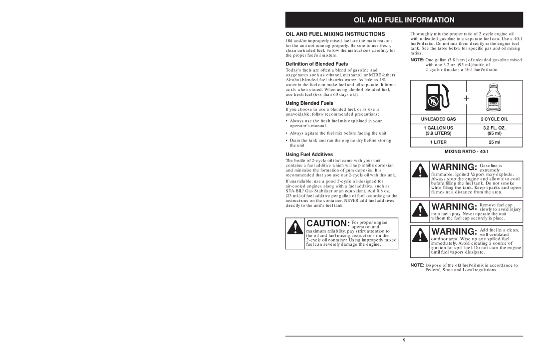 MTD 1842AVCC OIL and Fuel Information, OIL and Fuel Mixing Instructions, Definition of Blended Fuels, Using Blended Fuels 