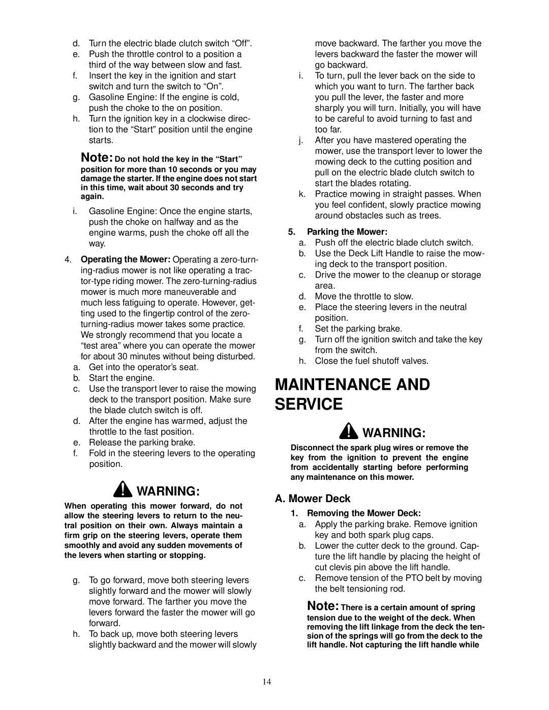 MTD 18HP service manual Maintenance Service, Parking the Mower, Removing the Mower Deck 