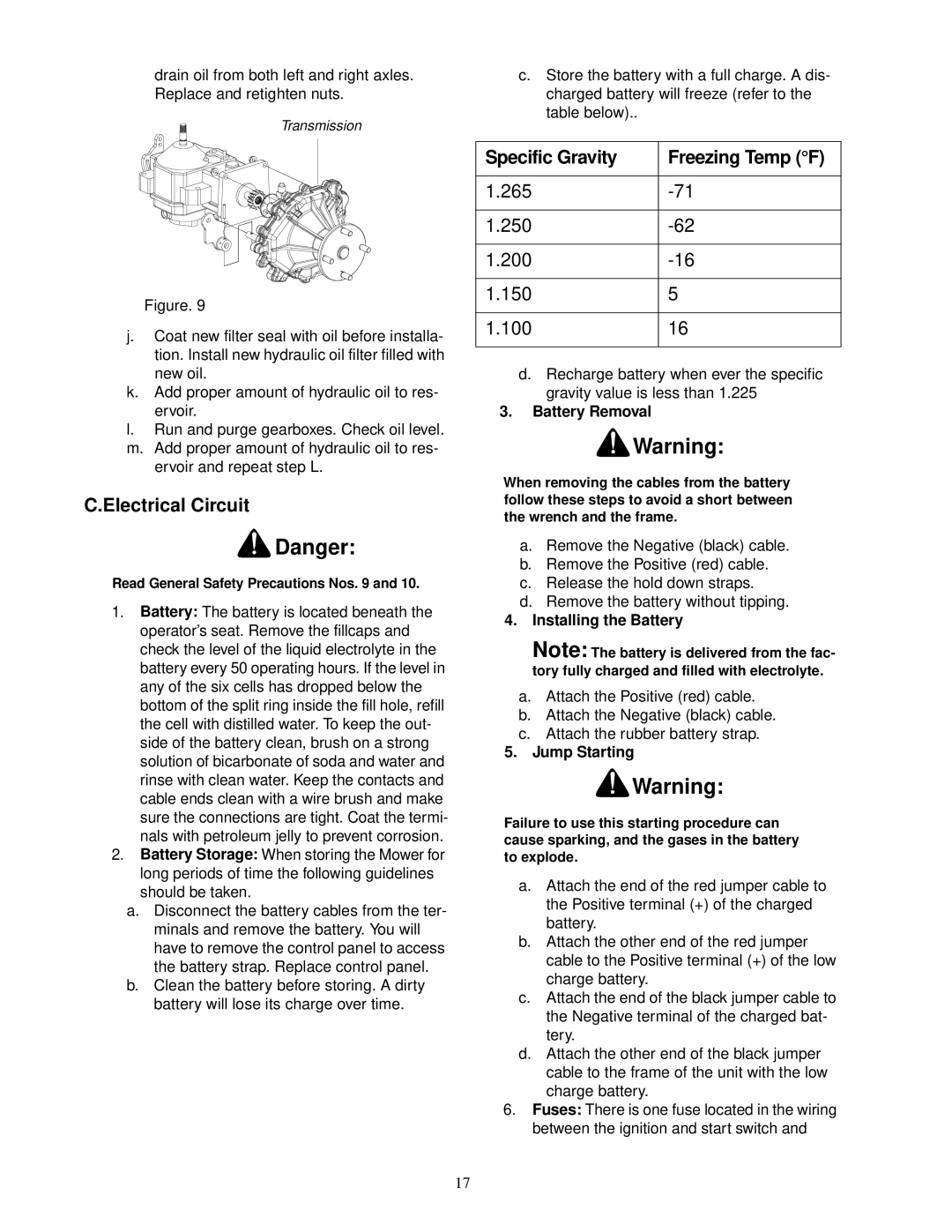 MTD 18HP Electrical Circuit, Specific Gravity Freezing Temp F, Battery Removal, Installing the Battery, Jump Starting 