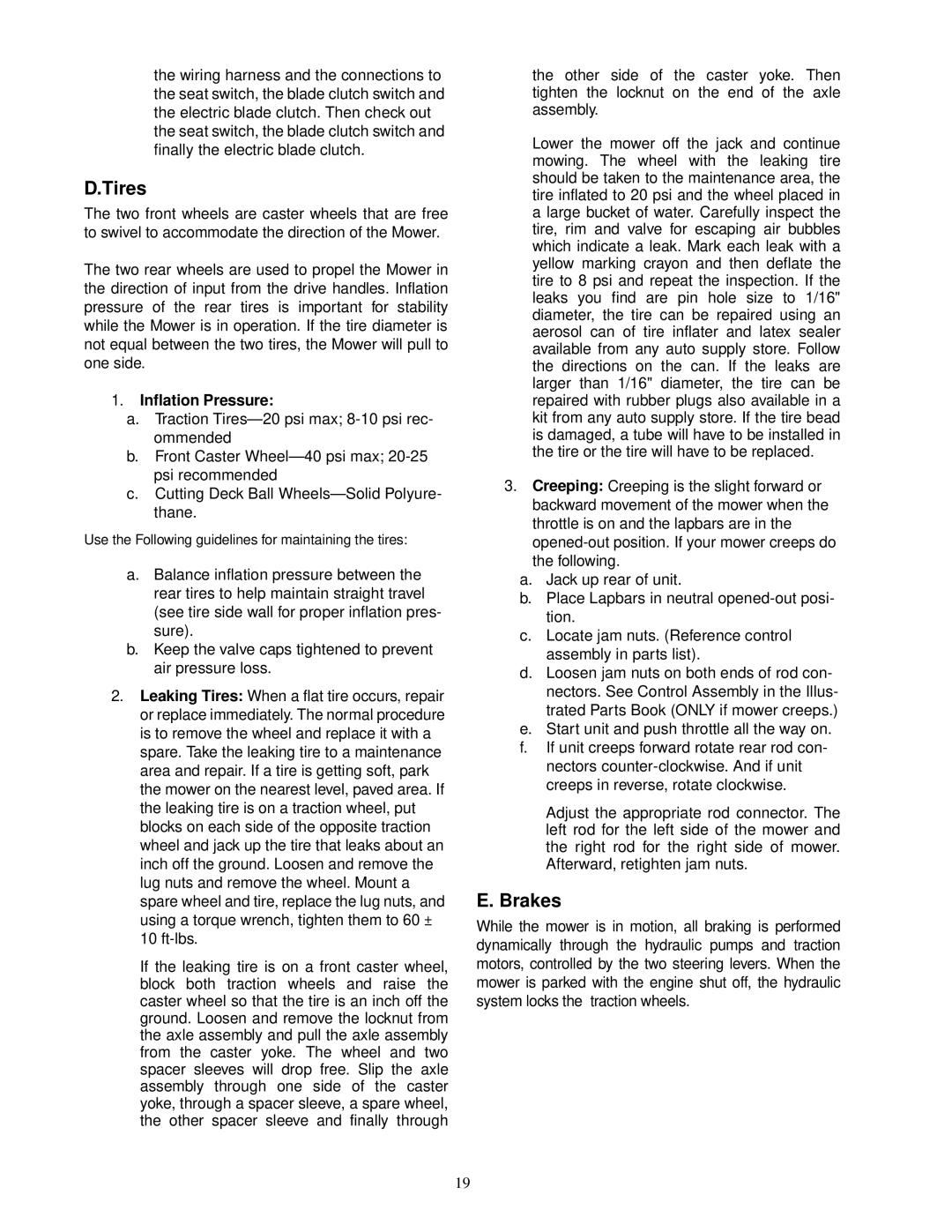 MTD 18HP service manual Tires, Brakes, Inflation Pressure 