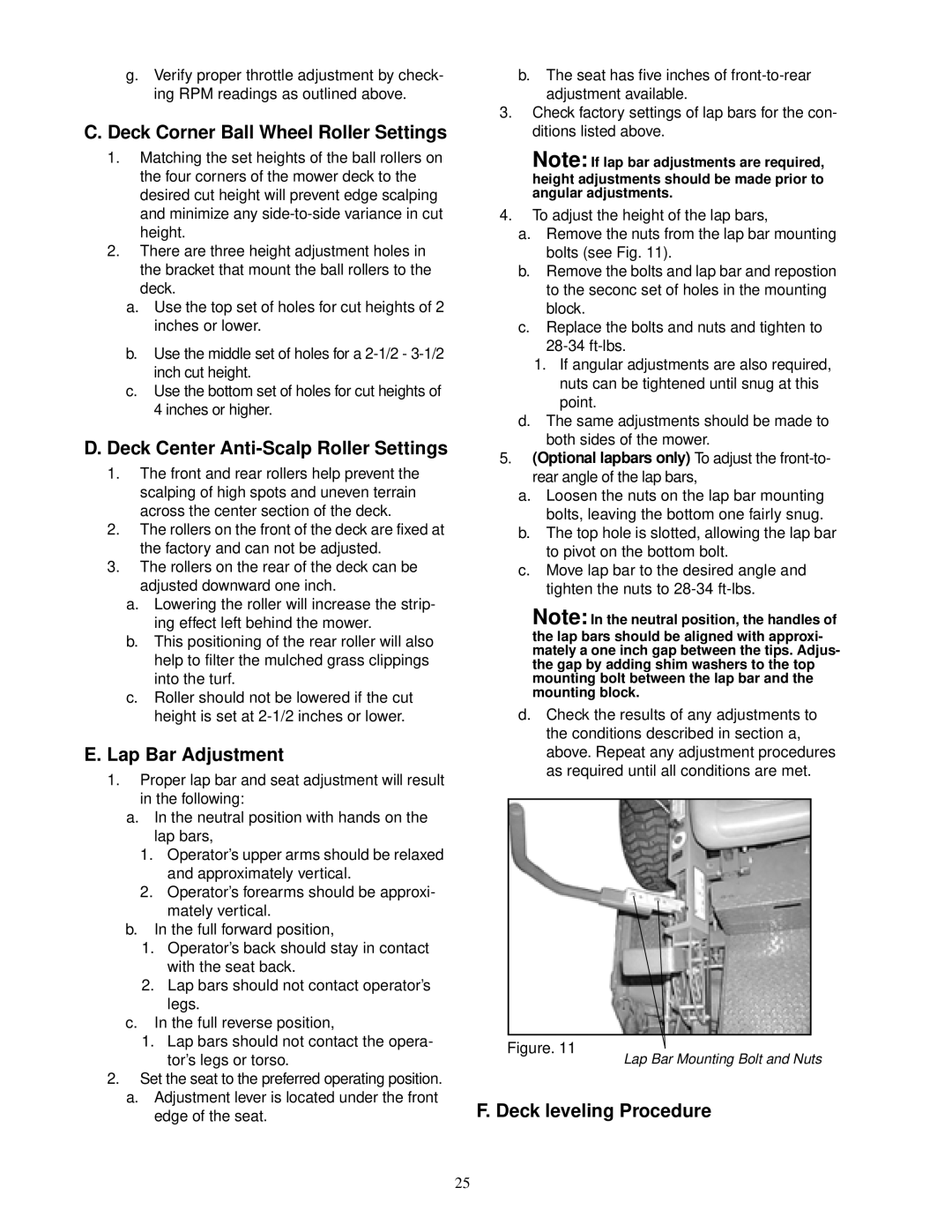 MTD 18HP service manual Deck Corner Ball Wheel Roller Settings, Deck Center Anti-Scalp Roller Settings, Lap Bar Adjustment 