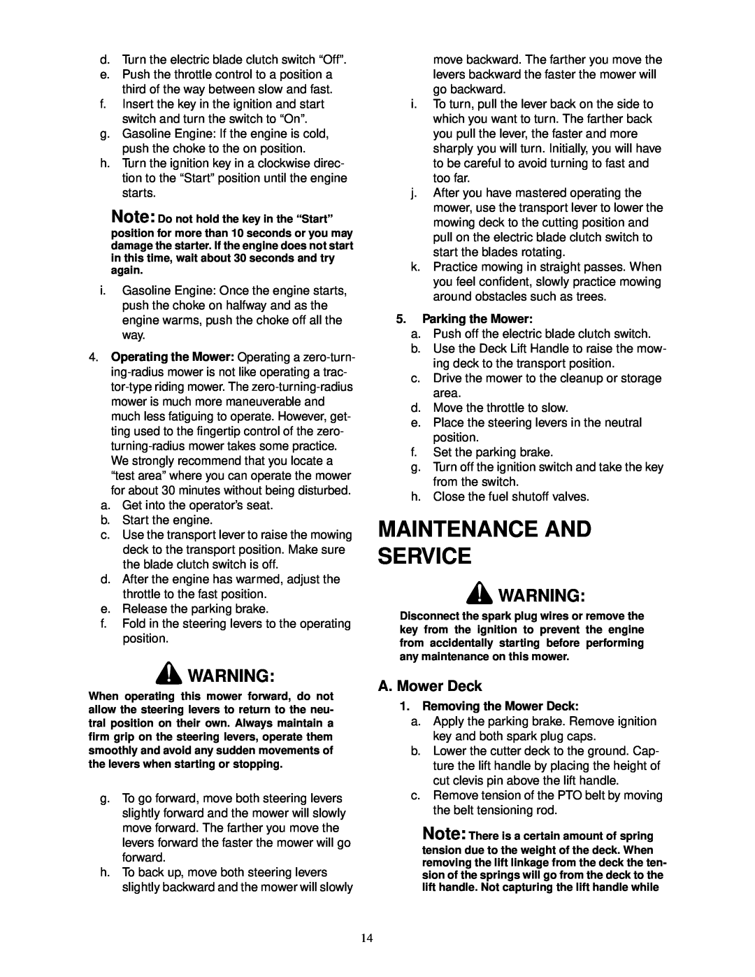 MTD 18HP service manual Maintenance And Service, A. Mower Deck, Parking the Mower, Removing the Mower Deck 