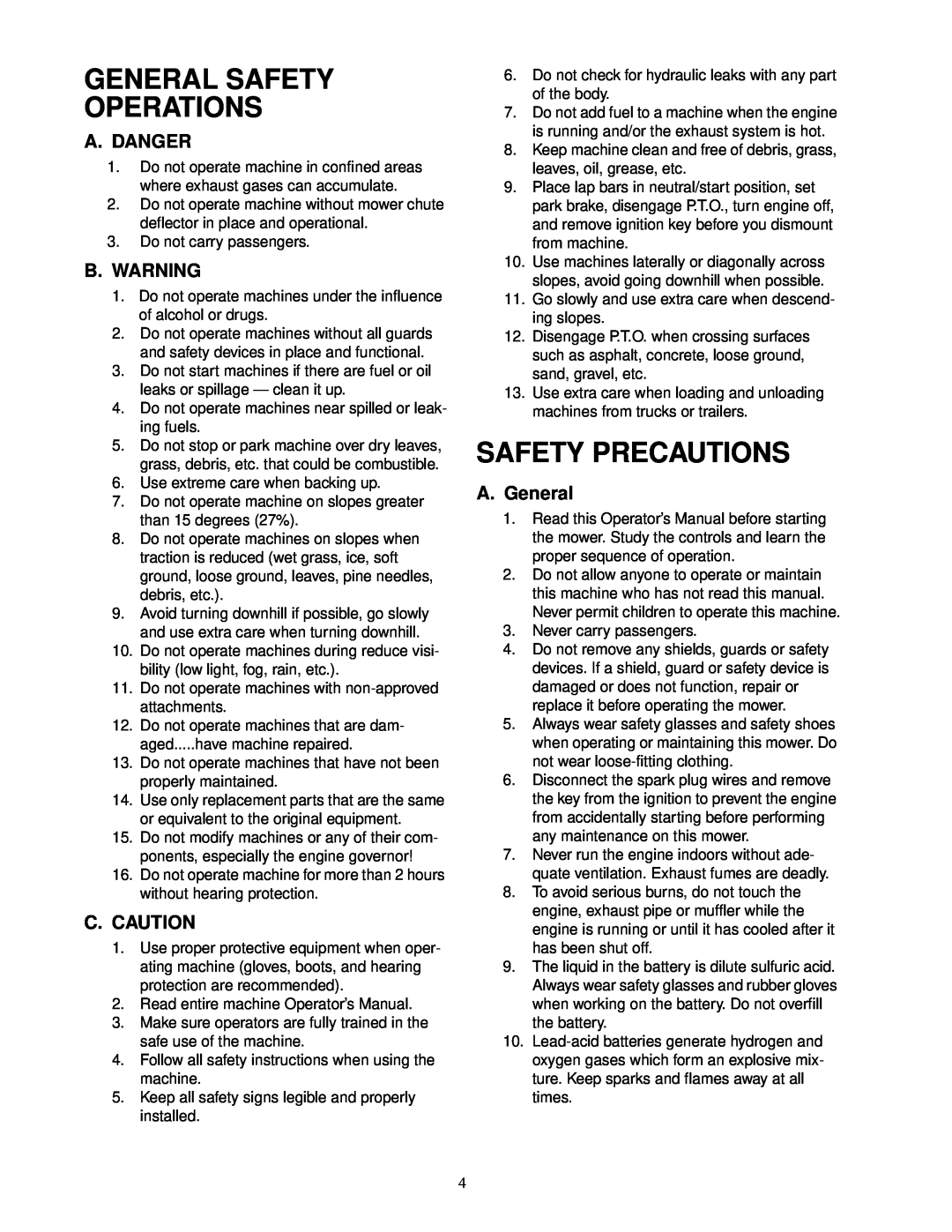 MTD 18HP service manual General Safety Operations, Safety Precautions, A. Danger, B. Warning, C. Caution, A. General 