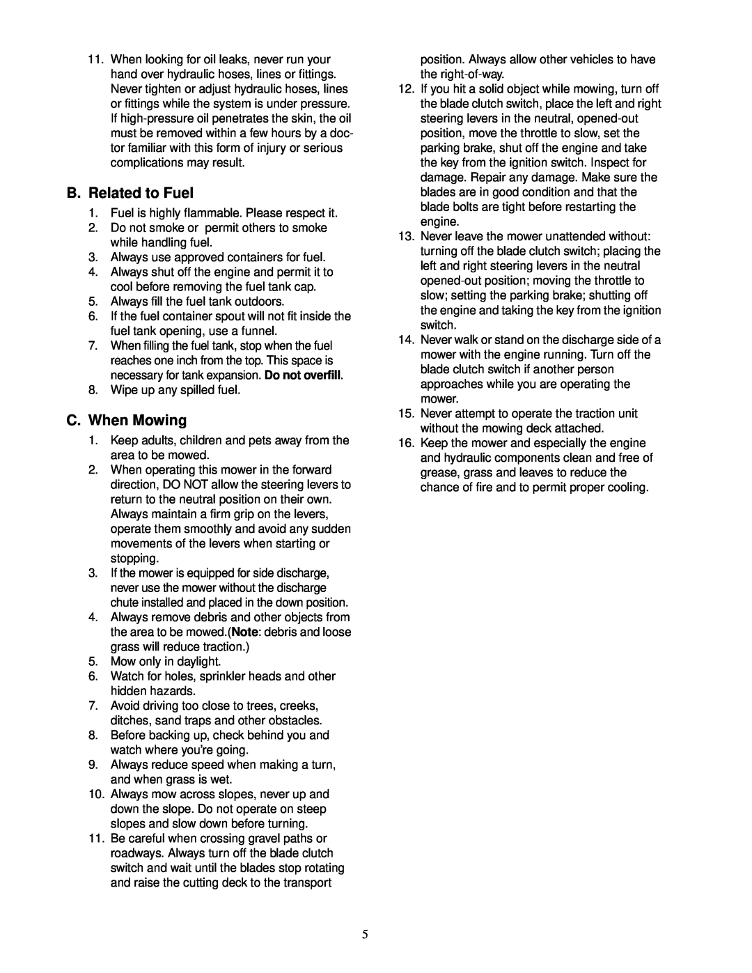 MTD 18HP service manual B. Related to Fuel, C. When Mowing 