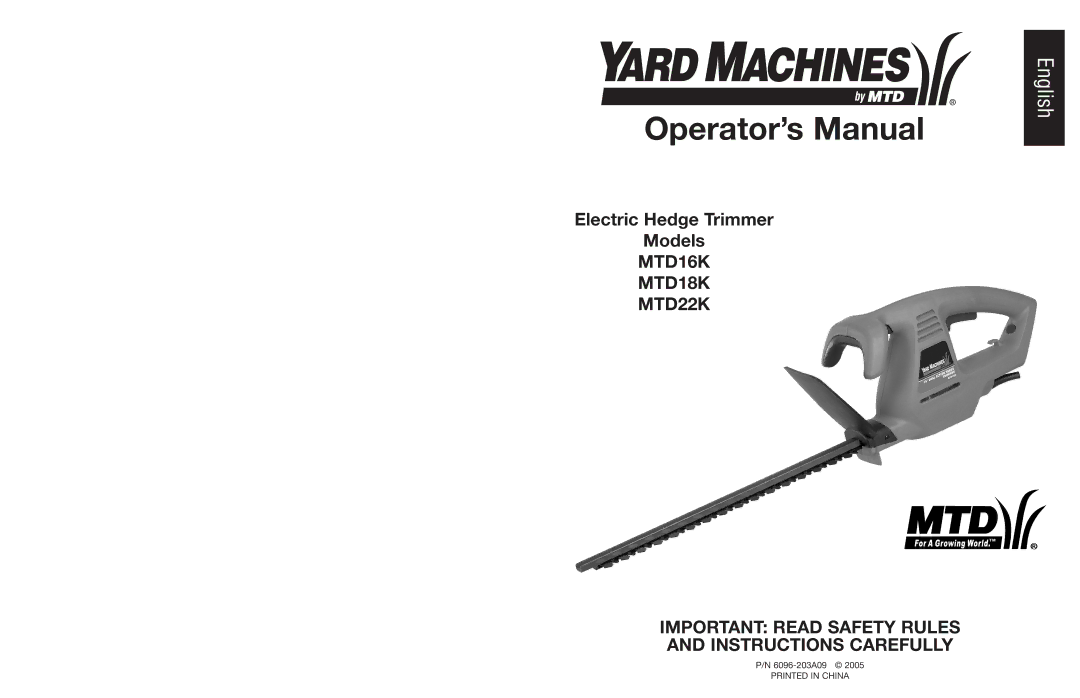 MTD manual Operator’s Manual, MTD16K MTD18K MTD22K 