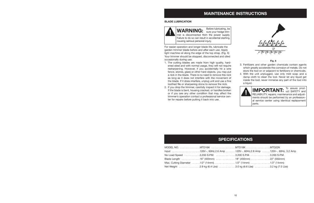 MTD 22K, 18K, 16K manual Maintenance Instructions, Specifications, Blade Lubrication 