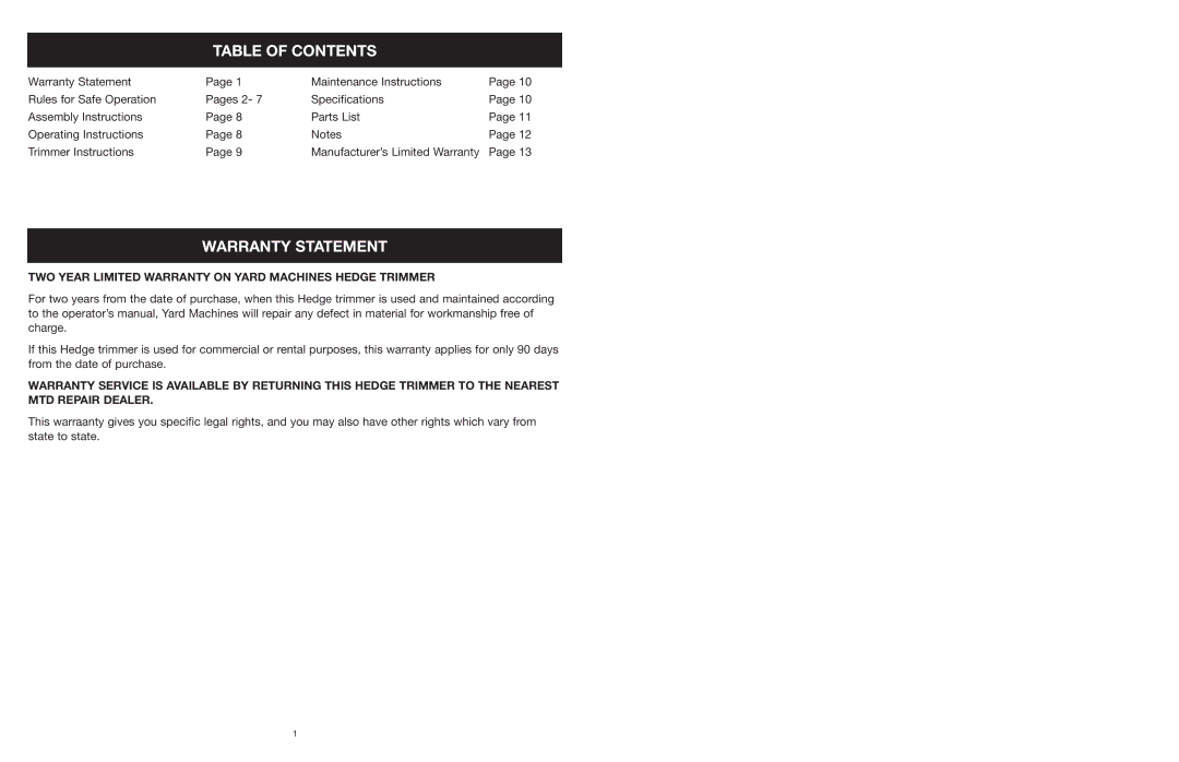 MTD 22K, 18K, 16K manual Table of Contents, Warranty Statement 