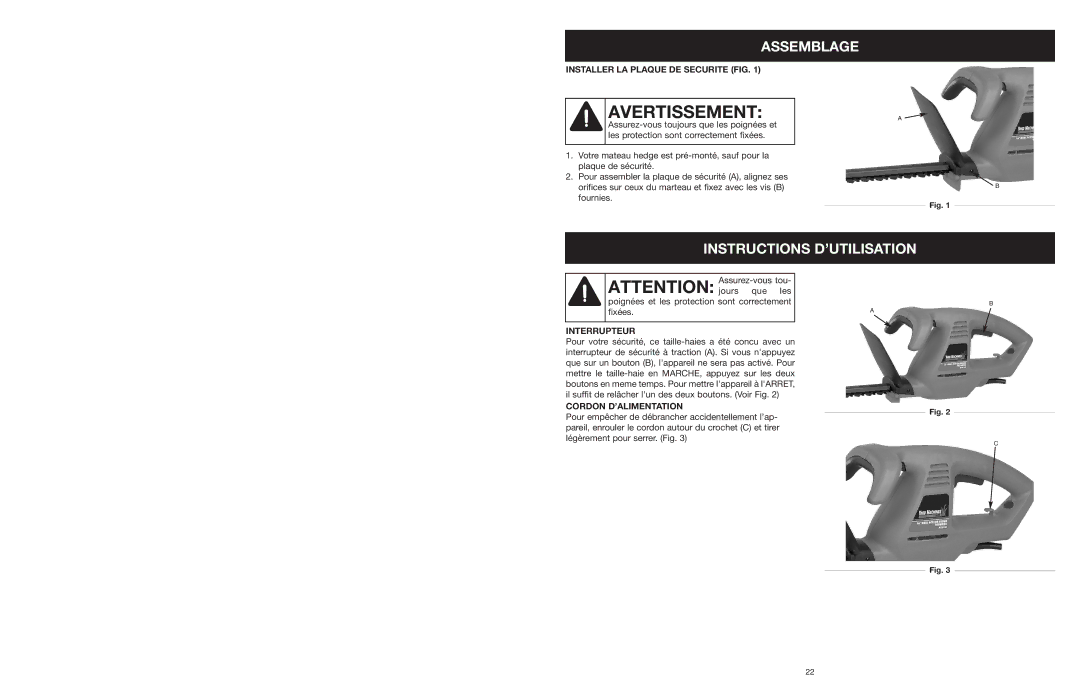 MTD 22K Assemblage, Instructions D’UTILISATION, Installer LA Plaque DE Securite FIG, Interrupteur, Cordon D’ALIMENTATION 