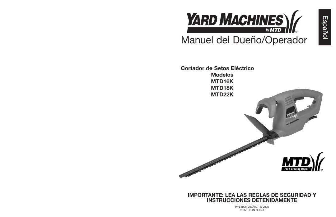 MTD 22K, 18K, 16K manual Manuel del Dueño/Operador 