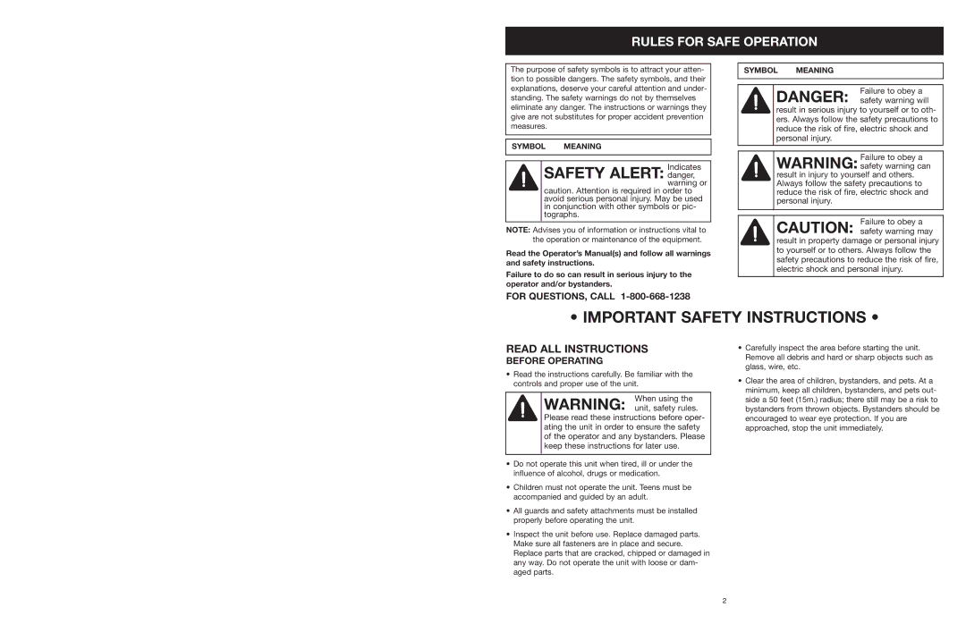 MTD 18K, 16K, 22K manual Important Safety Instructions, Rules for Safe Operation, Before Operating, Symbol Meaning 