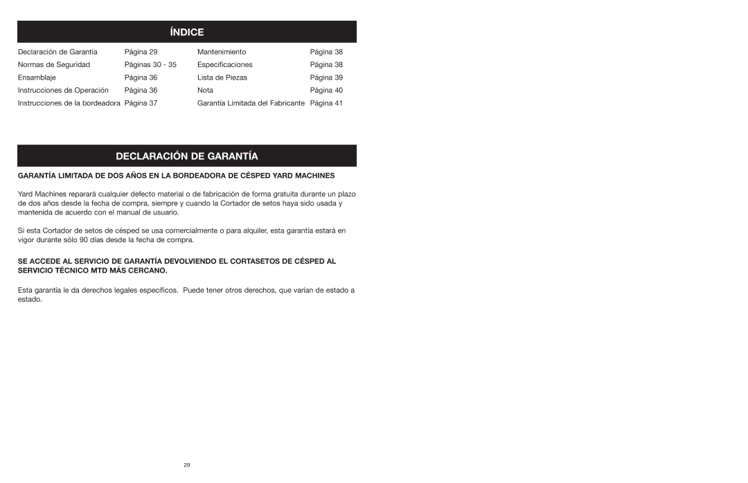 MTD 18K, 16K, 22K manual Índice, Declaración DE Garantía 