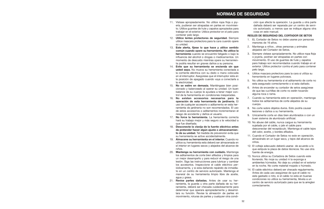 MTD 18K, 16K, 22K manual Regles DE Seguridad DEL Cortador DE Setos 