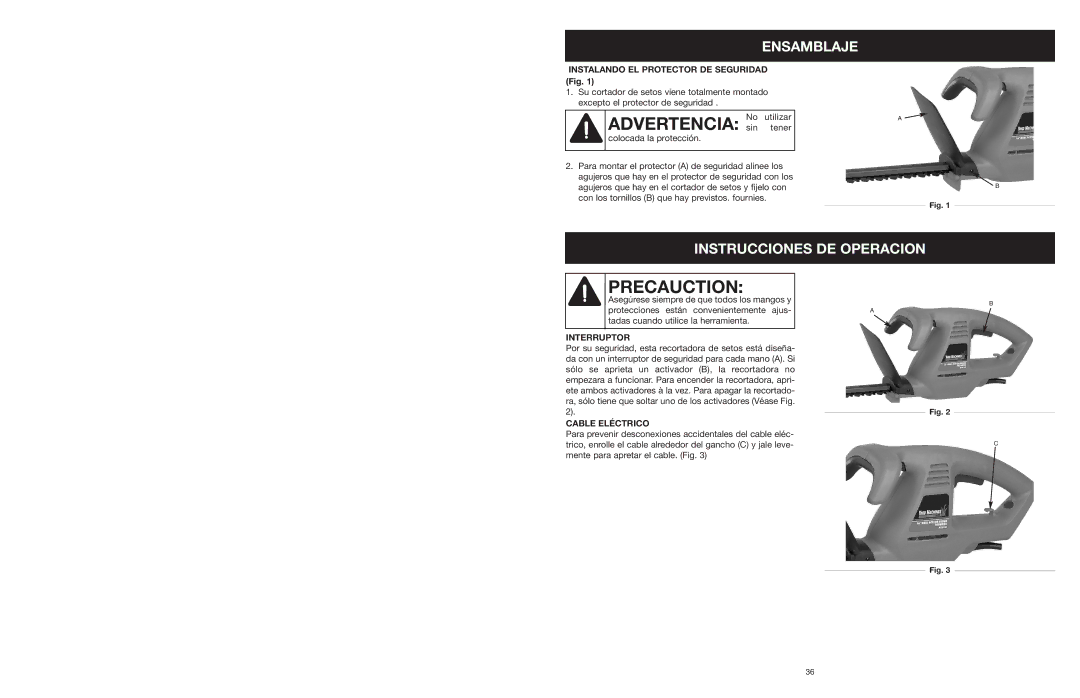 MTD 16K, 18K, 22K manual Precauction, Ensamblaje, Instrucciones DE Operacion, Interruptor, Cable Eléctrico 