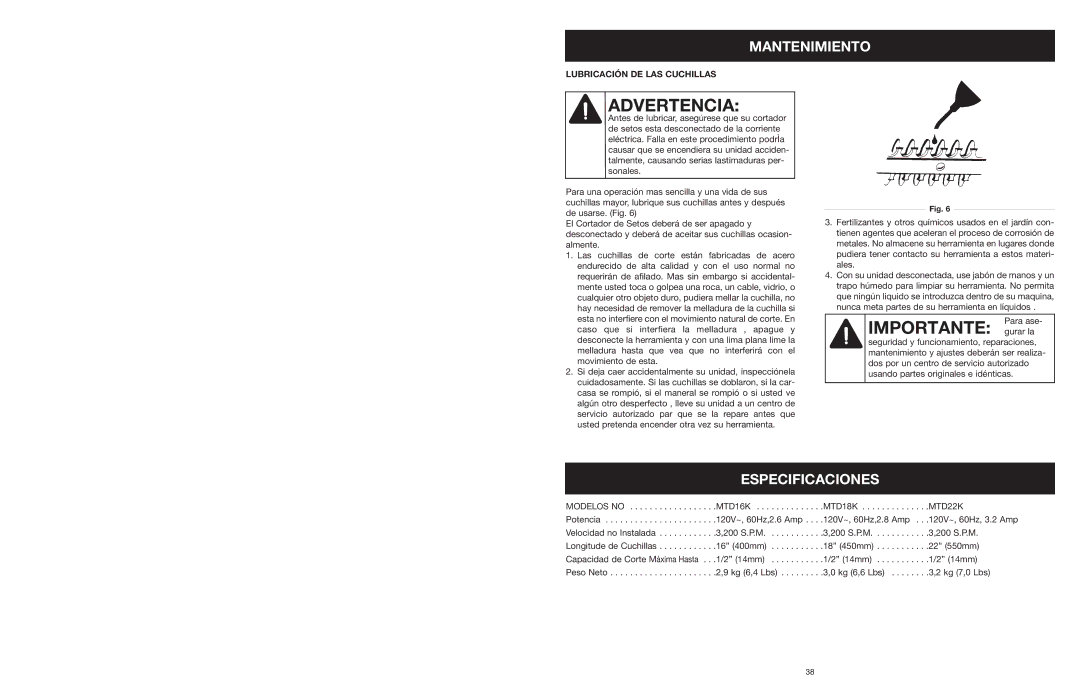 MTD 18K, 16K, 22K manual Mantenimiento, Especificaciones, Lubricación DE LAS Cuchillas 