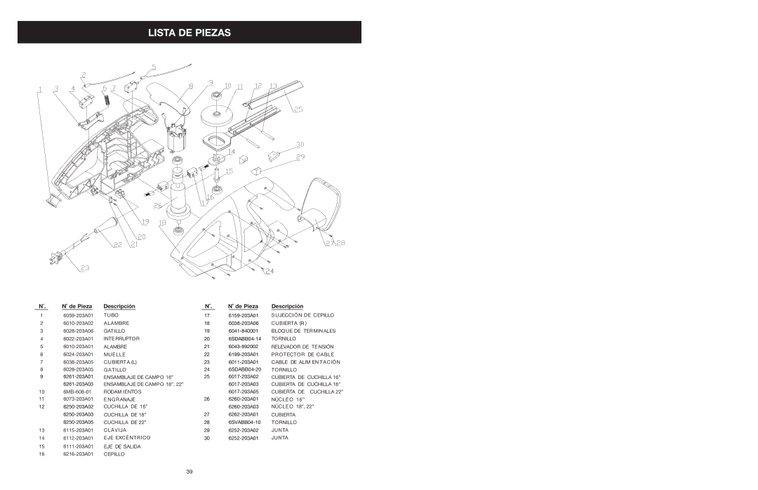 MTD 16K, 18K, 22K manual Lista DE Piezas, ˚ de Pieza Descripción 