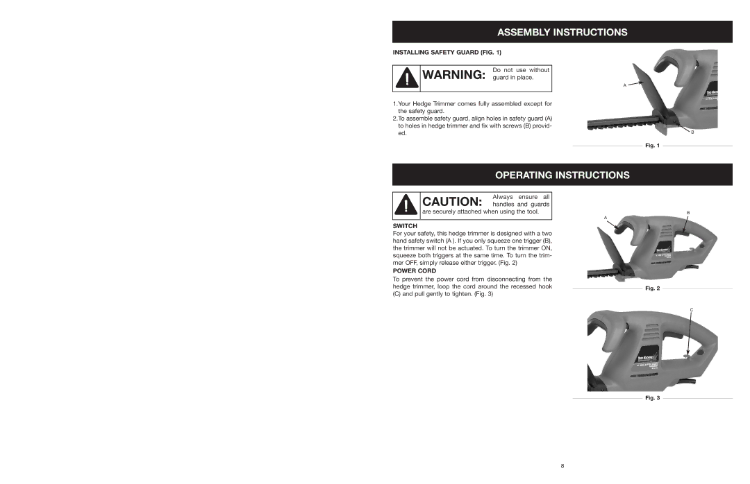 MTD 18K, 16K, 22K manual Assembly Instructions, Operating Instructions, Installing Safety Guard FIG, Switch, Power Cord 