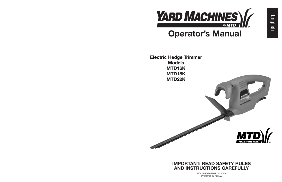 MTD manual Operator’s Manual, English, Electric Hedge Trimmer Models MTD16K MTD18K MTD22K 