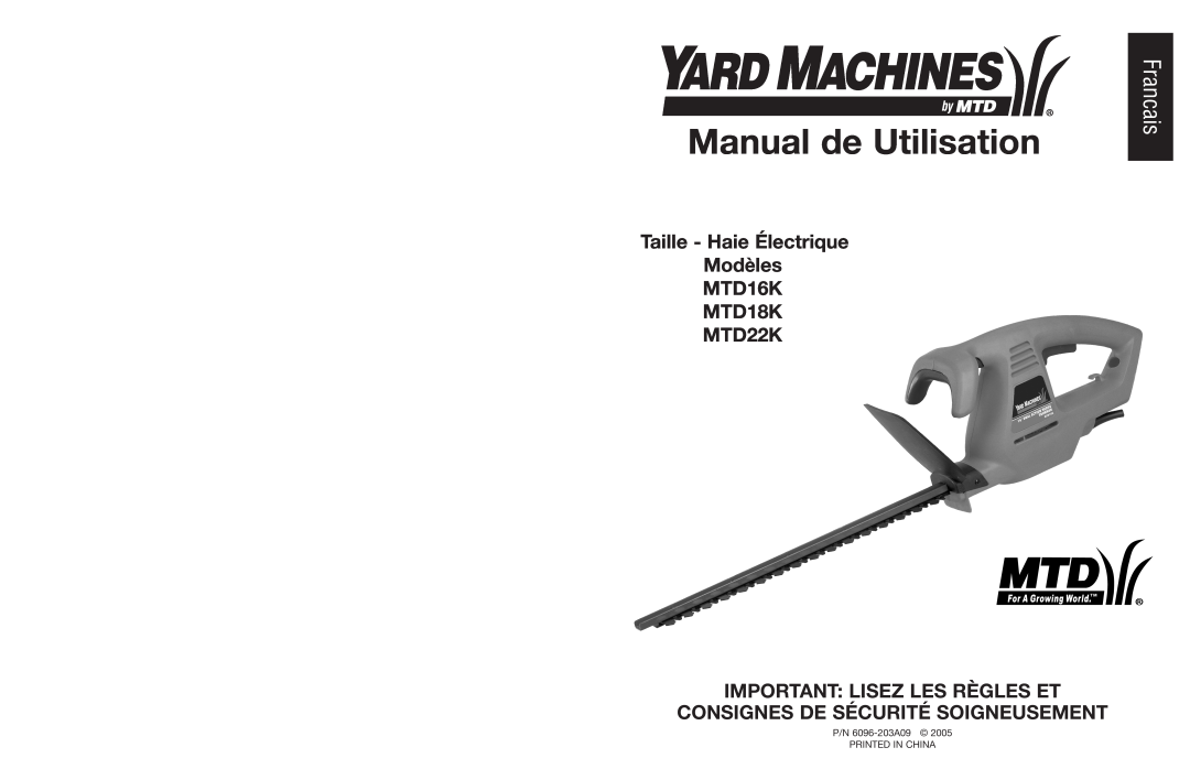 MTD manual Manual de Utilisation, Francais, Taille - Haie Électrique Modèles MTD16K MTD18K MTD22K 
