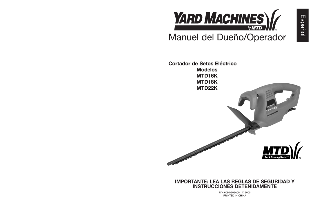 MTD manual Español, Cortador de Setos Eléctrico Modelos MTD16K MTD18K MTD22K, Manuel del Dueño/Operador 