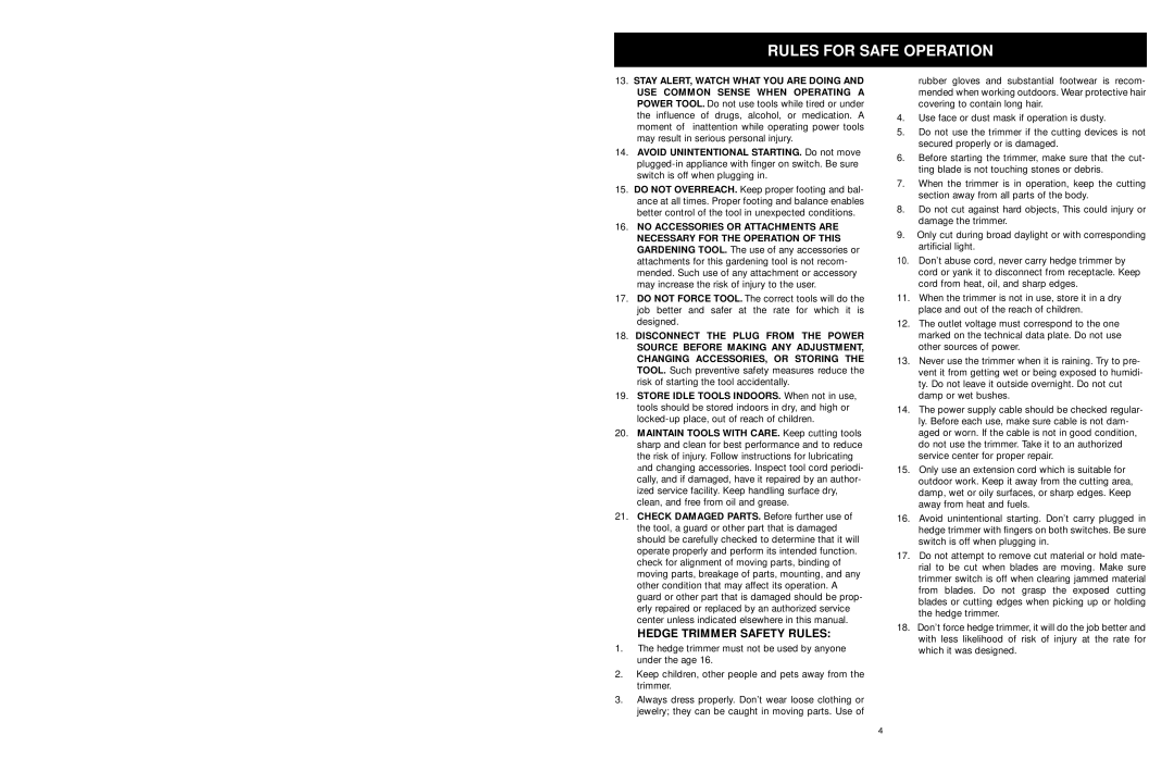 MTD 22K, 18K, 16K manual Hedge Trimmer Safety Rules, Rules For Safe Operation 