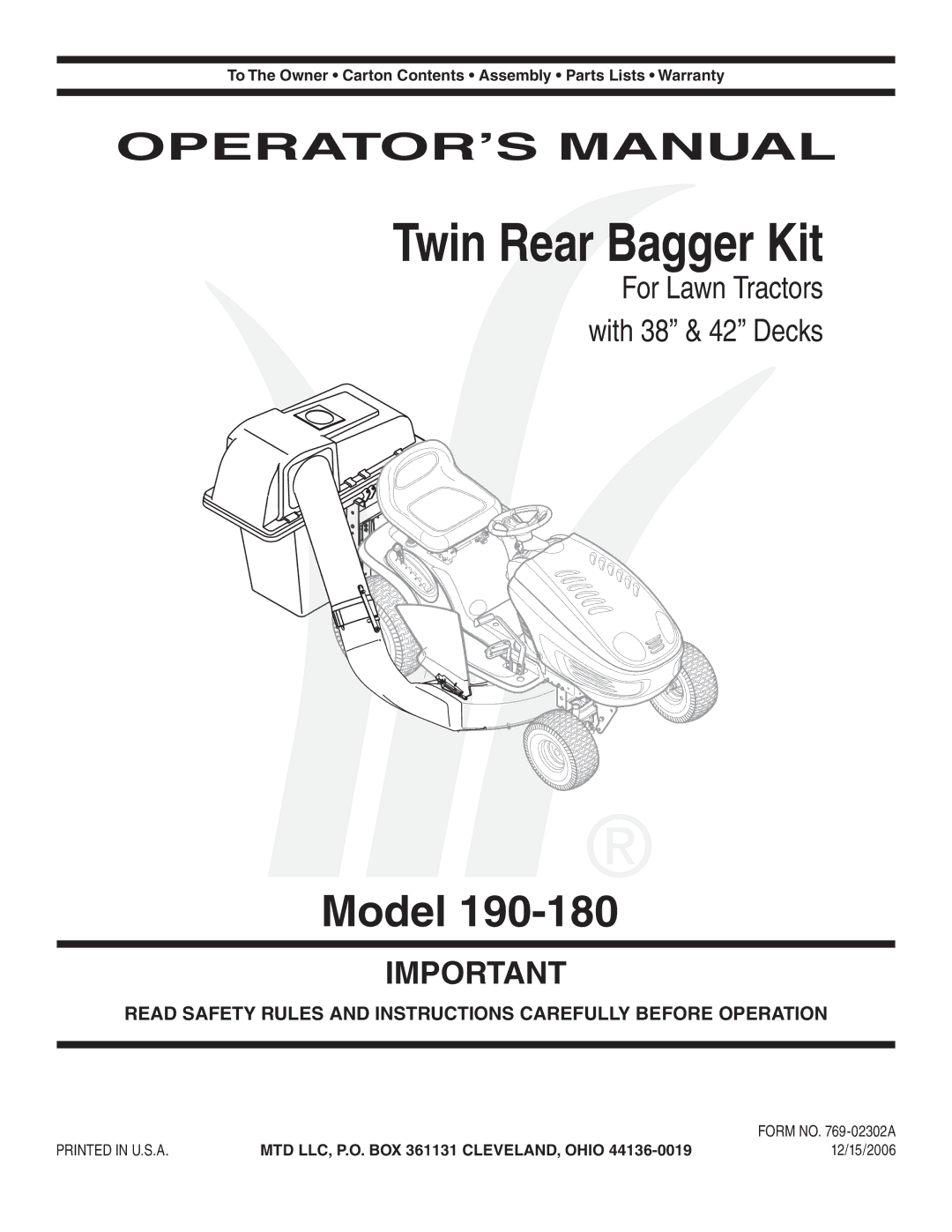 MTD 90-182, 190-180 warranty Twin Rear Bagger Kit 