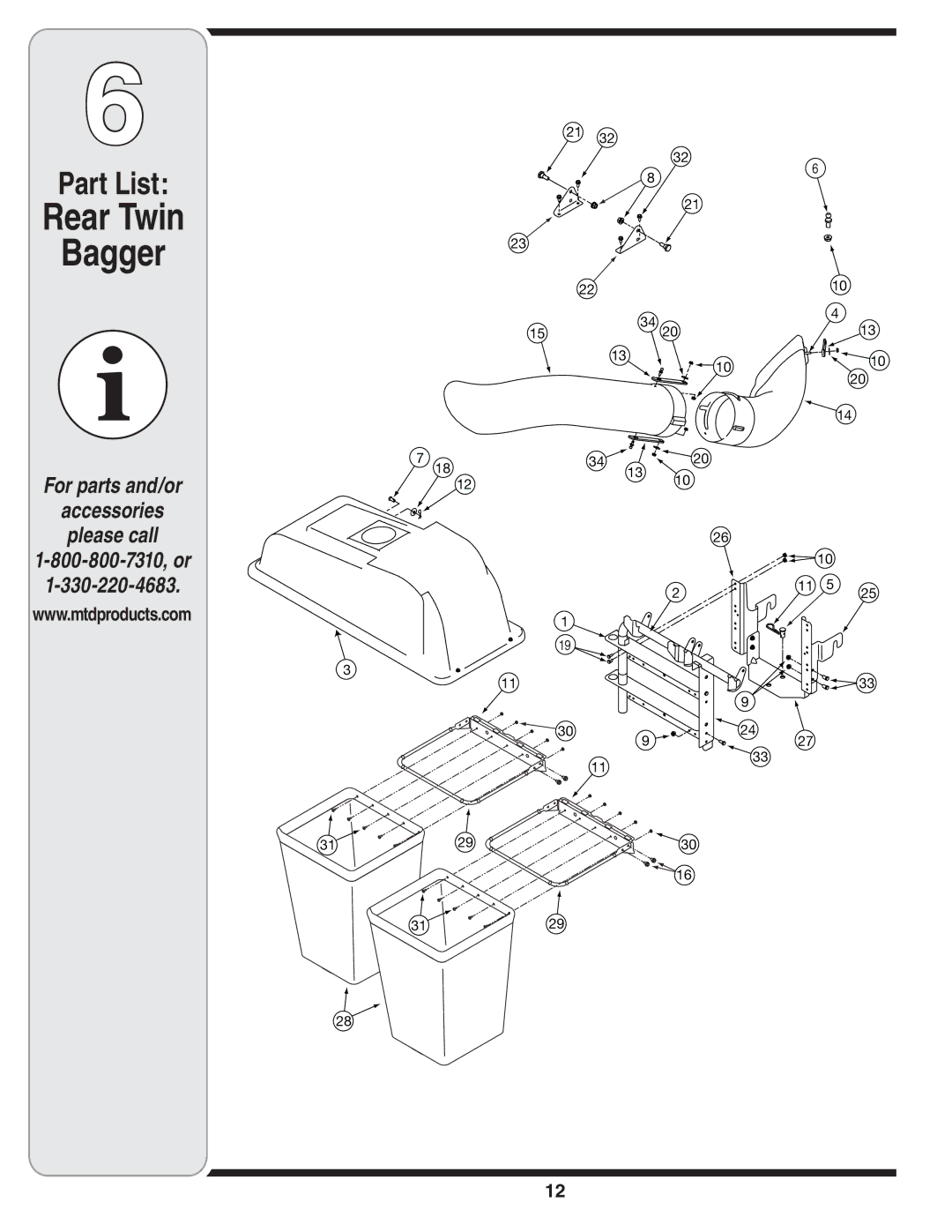 MTD 190-180, 90-182 warranty Rear Twin Bagger, Part List 