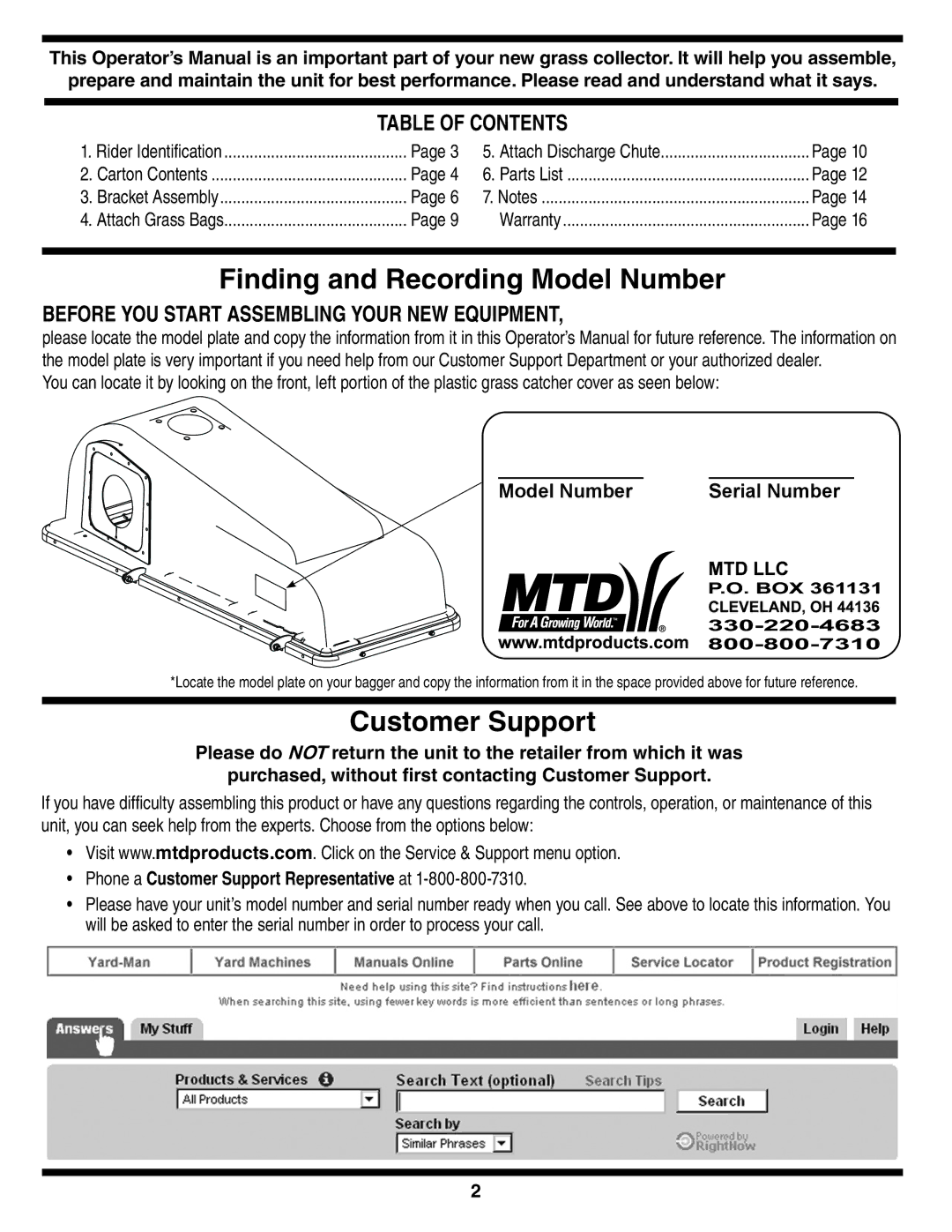 MTD 190-180, 90-182 warranty Finding and Recording Model Number, Customer Support 