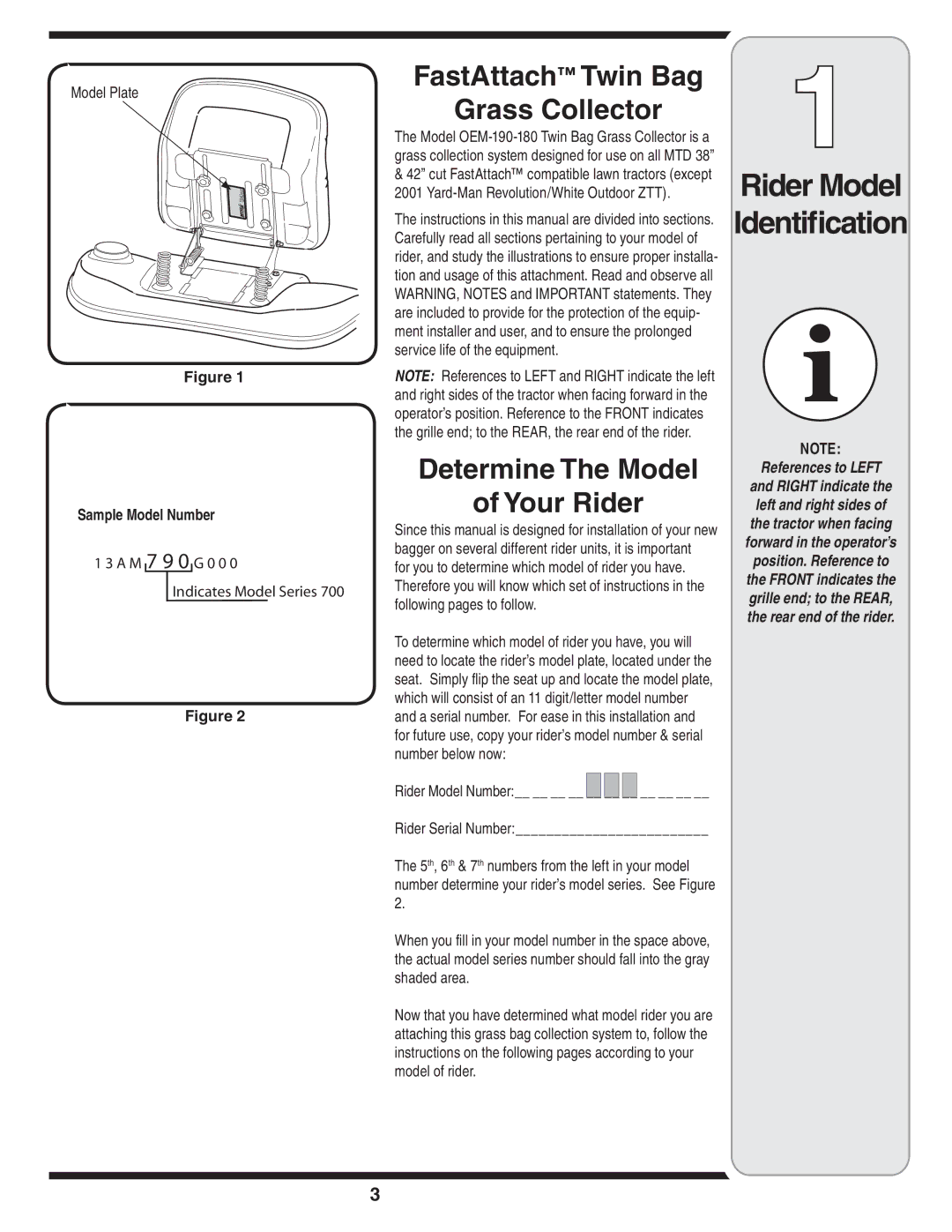 MTD 90-182, 190-180 warranty FastAttach Twin Bag Grass Collector, Determine The Model Your Rider, Rider Model Identification 