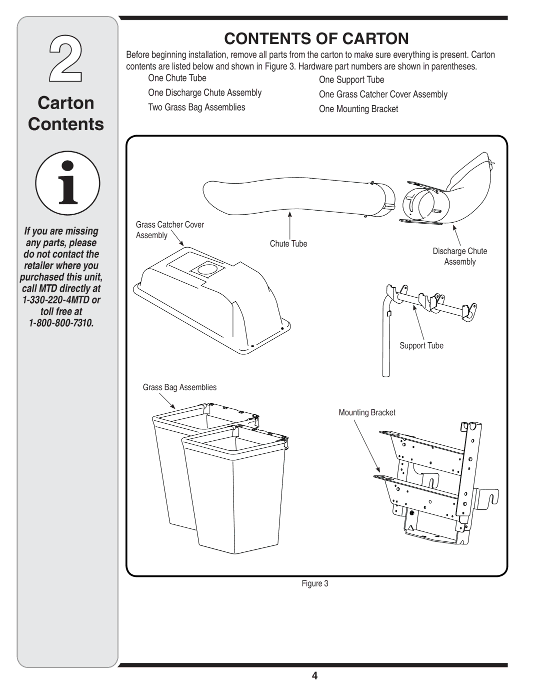 MTD 190-180, 90-182 warranty Carton Contents 